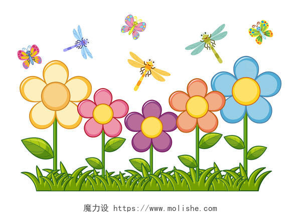 卡通花朵花草蜻蜓素材